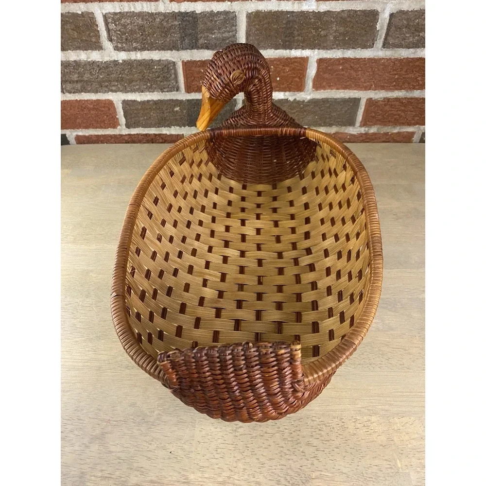 Vintage Duck Goose Basket with Wooden Beak Wicker Rattan Basket Boho
